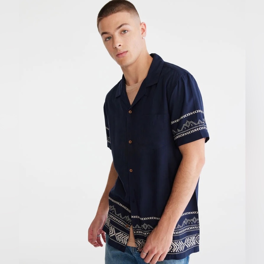 Global Border Button-Down Camp Shirt NAVY SMALL